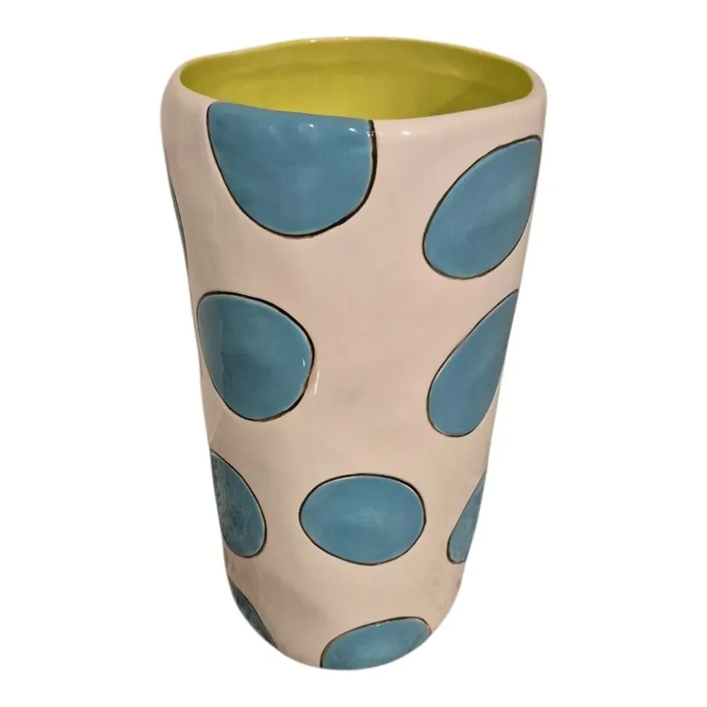 Artist signed Rare SALLY RUSSELL  Pottery Vase Circles Aqua Blue